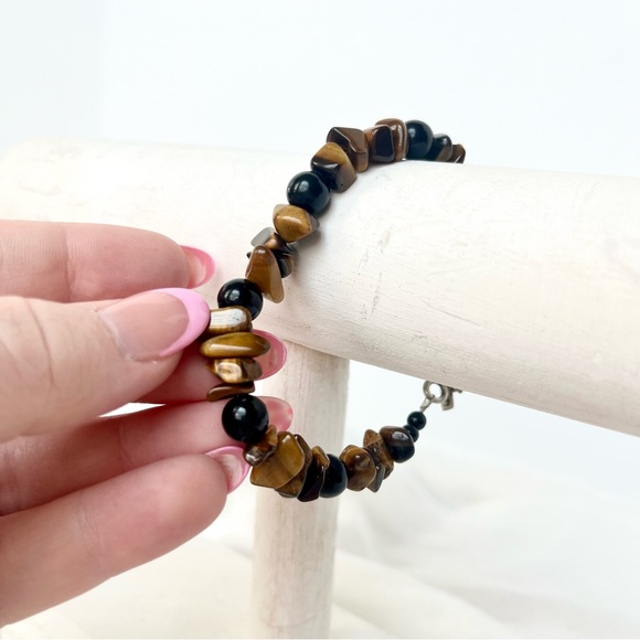 Tigers Eye Chips and Black Obsidian Spheres Bracelet - Picture 2 of 2